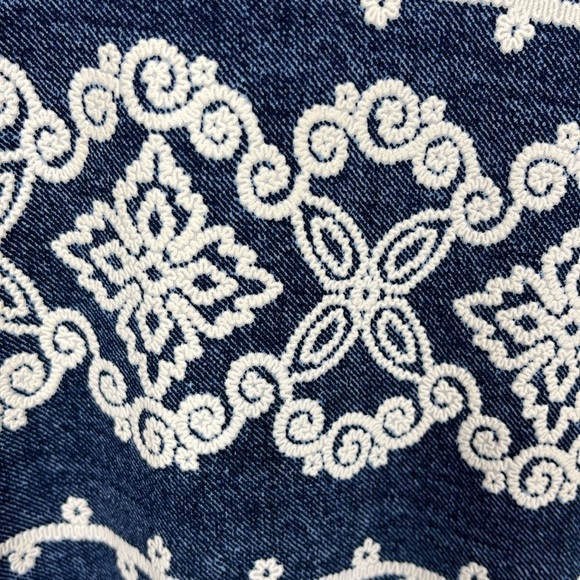 Perceptions Womens Dress L Blue/White Short Sleeves w/Ties Faux Embroidery Aztec - Picture 5 of 10